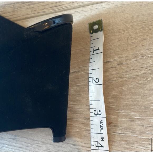 Paul Andrew Black Open Toe Patent Velvet Wedge Sandals - Picture 8 of 14